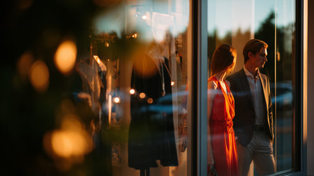 Couple admiring window display in evening light at a busy shopping streetの素材
