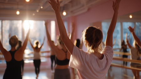 Group of dancers enjoying a sunset yoga session in a bright studioの素材