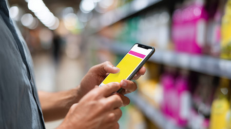 Browsing through products while using a smartphone in a storeの素材