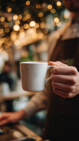 Barista serving a cup of coffee in a cozy cafe with warm lighting ambianceの素材