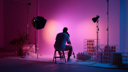 Studio setting with photographer preparing for a creative shoot at twilightの素材