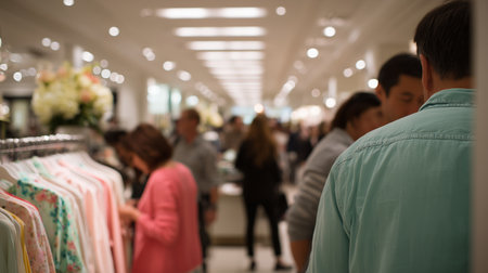 Busy clothing store filled with shoppers exploring the latest fashion trendsの素材