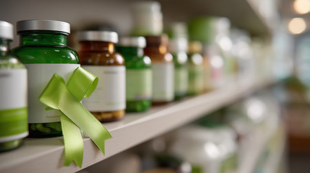 Green bottles of vitamins lined on a shelf in a wellness store near midday lightの素材