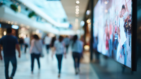 Busy shopping mall interior with people walking and screens displaying visualsの素材