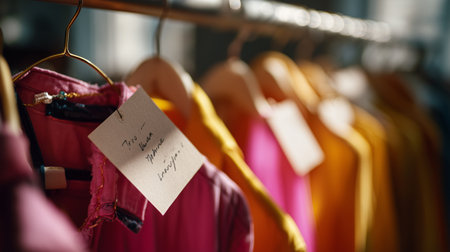 Colorful clothing on display in a boutique during daylight hoursの素材
