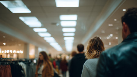 People shopping in a busy retail store during evening hoursの素材
