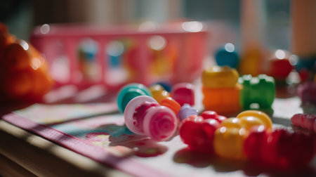 Colorful plastic toys scattered on a table in sunlight during a playful afternoonの素材