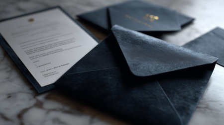 Elegant black envelopes and letter showcasing details for a special occasionの素材