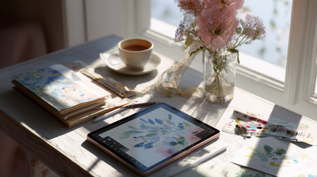 Creative workspace with flowers and a warm drink in bright sunlightの素材