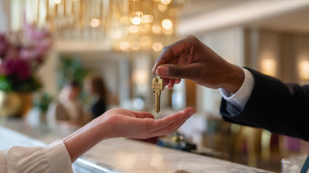 Guest receiving hotel room key at lobby desk during afternoon check-in processの素材