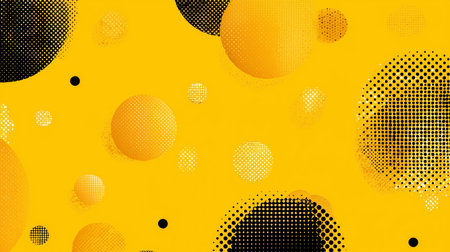 Bold yellow background with varying sizes of black and white dotted circles on displayの素材