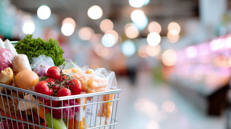 Fresh groceries in a shopping cart at a supermarket during daytimeの素材