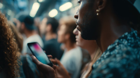 People using smartphones while commuting in a crowded subway train during evening hoursの素材