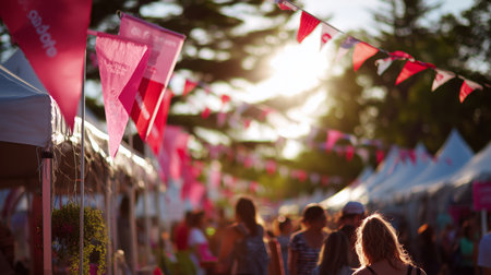 Colorful festival atmosphere at outdoor market during sunset with people walking aroundの素材