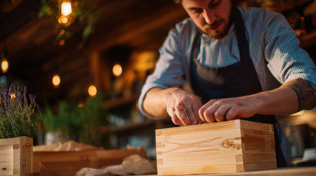 Craftsman carefully assembling a wooden box in a warm workshop settingの素材