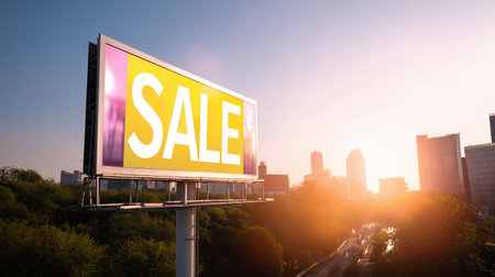 Bright sale billboard in city skyline at sunset with vibrant colors reflecting in buildingsの素材