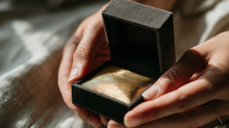 Person holding a gift box revealing a shiny golden item indoors with soft lightingの素材