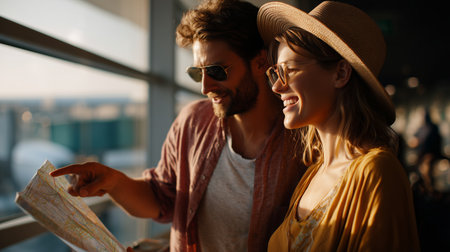 Couple exploring travel plans together at a sunny airport terminalの素材