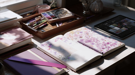 Creative workspace featuring art supplies and an open sketchbook under natural lightの素材