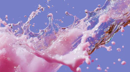 Vibrant pink liquid splashes against a colorful backdrop creating an energetic sceneの素材