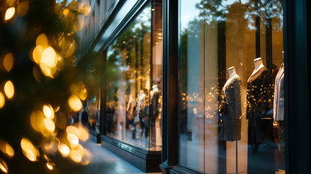 Elegant boutique display with festive lights in city shopping area during eveningの素材