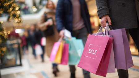People shopping at a mall during a sale event with colorful bags in handの素材