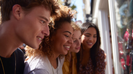 Friends enjoying a day out window shopping in a busy urban area under bright sunlightの素材