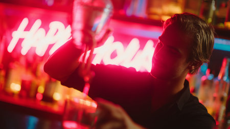 Bartender pouring a cocktail in a vibrant bar with neon lightsの素材
