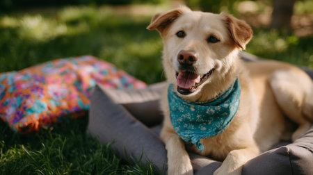 Happy dog resting on a cozy bed in the green garden during a sunny afternoonの素材