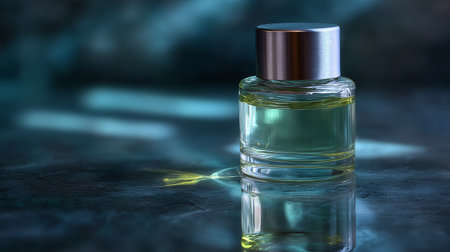 Bottle of fragrance casting reflections on a dark surface in soft lightの素材