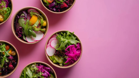 Colorful salad bowls on a pink background featuring fresh greens and vibrant vegetablesの素材