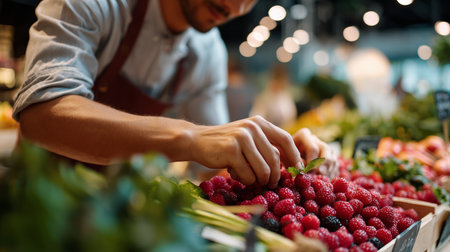 Fresh raspberries being sorted by a vendor in a busy market during the afternoonの素材