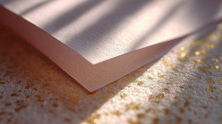 Light shines on sheets of textured paper with a golden sparkle background in a cozy settingの素材