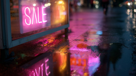 Neon sale sign glowing on wet pavement at night in a busy urban areaの素材
