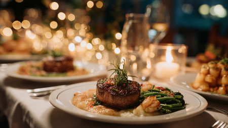 Elegant dinner setting with gourmet meal and warm candlelight at a cozy restaurantの素材