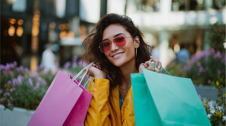 Woman enjoying a sunny day while holding colorful shopping bags outside a mallの素材