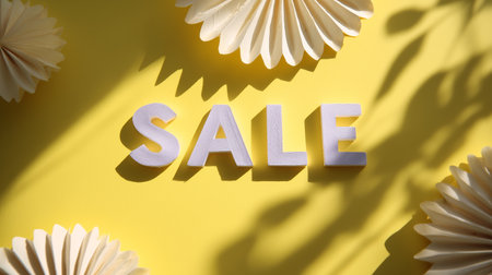 Bright yellow background displays the word sale surrounded by decorative elementsの素材