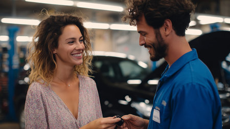 Client happily receives car keys from service technician in auto repair shopの素材