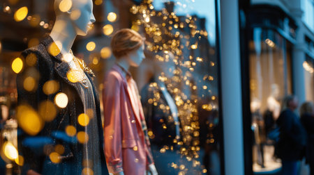 Elegant mannequins display fashion in a stylish shop window during the eveningの素材