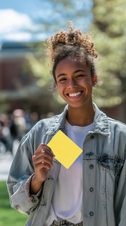 Young woman smiles while holding a yellow card on a sunny day in a park settingの素材