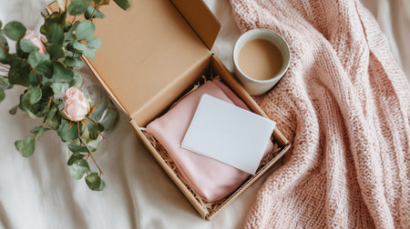 Cozy gift box with soft fabric, a blank note, and a cup of coffee on a soft blanketの素材