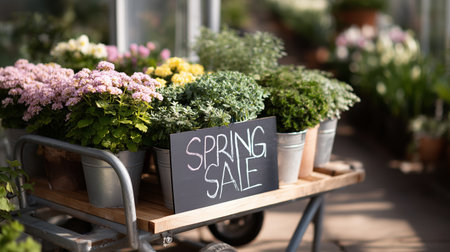 Spring plant sale offers colorful flowers in garden center on a sunny dayの素材
