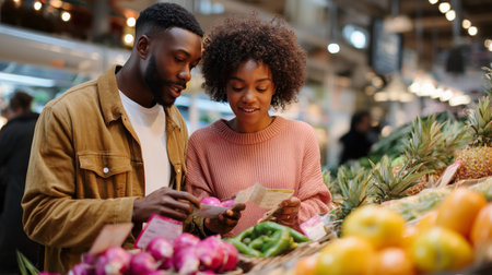 Couple enjoying shopping for fresh produce at a vibrant market in the afternoonの素材