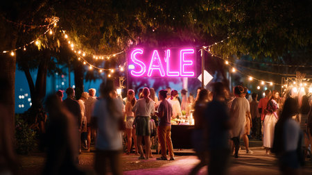 Evening market features bright sale sign with crowds enjoying summer atmosphereの素材