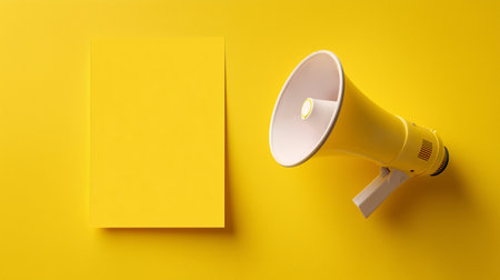 Bright yellow background featuring a megaphone and a blank notebook for creative ideasの素材