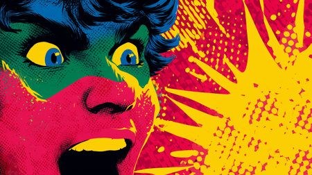 Colorful pop art style portrait of a surprised young person expressing excitement and energyの素材