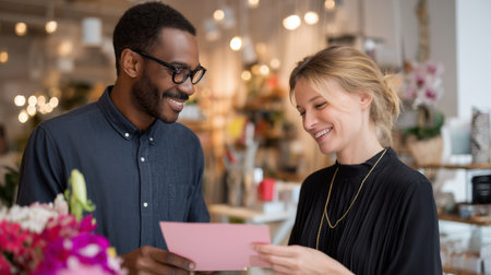 Happy couple sharing a moment while looking at a card in a cozy shopの素材