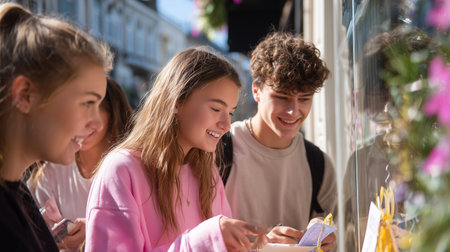 Teenagers enjoying a sunny day while shopping in a vibrant street marketの素材