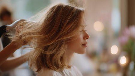 Woman enjoys a relaxing hair treatment in a bright salon setting during the dayの素材