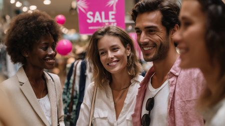 Group of friends smiling during a sale event in a shopping mallの素材